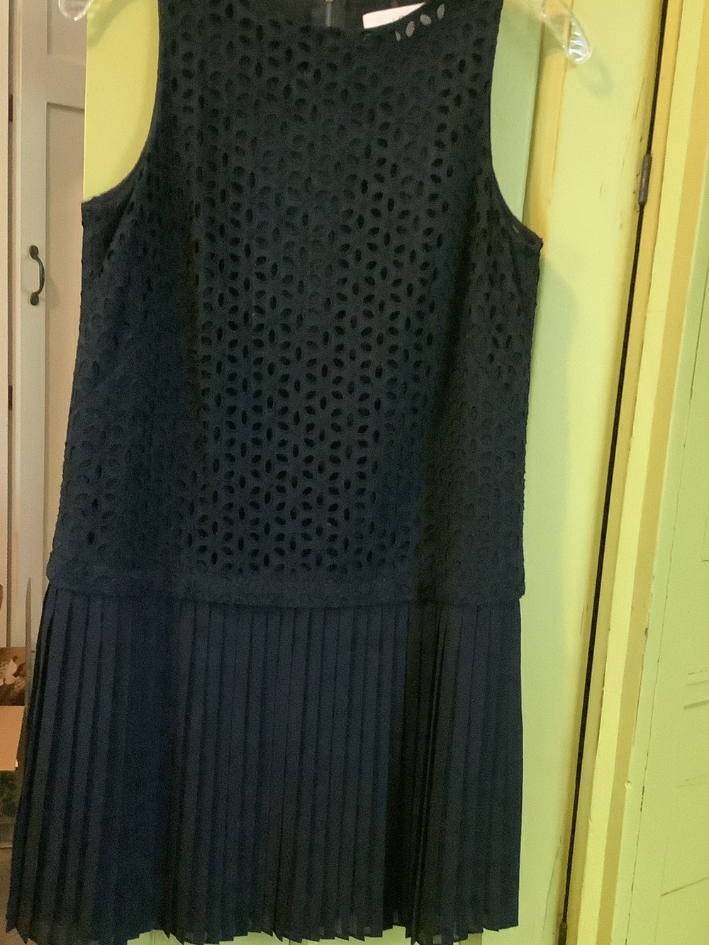 LOFT Black eyelet drop waist Sleeveless Pleated Dress